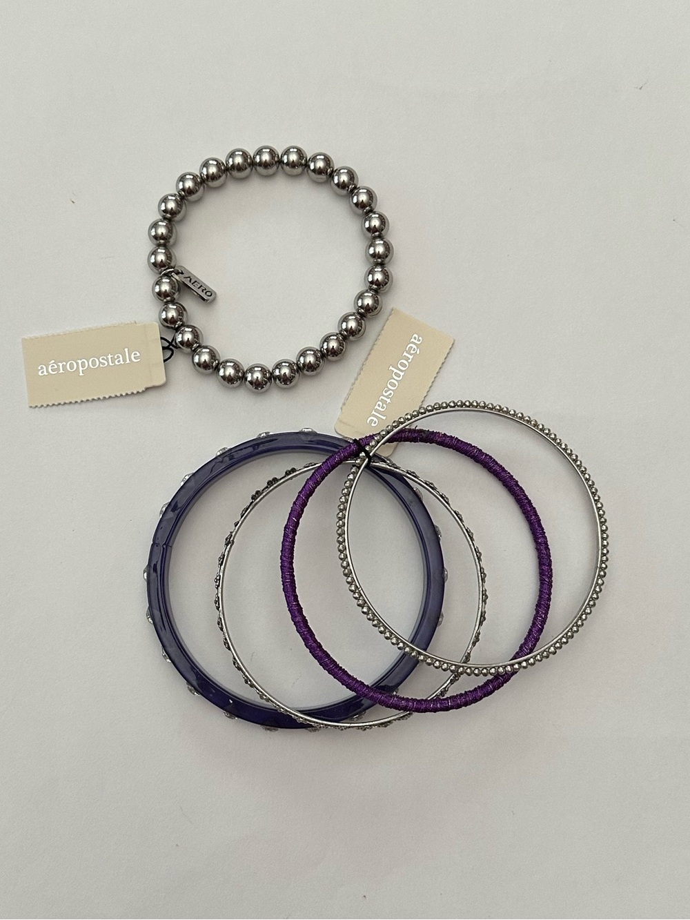 Aeropostale Stackable Acrylic & Metal Bangle Bracelet Set Purple Silver